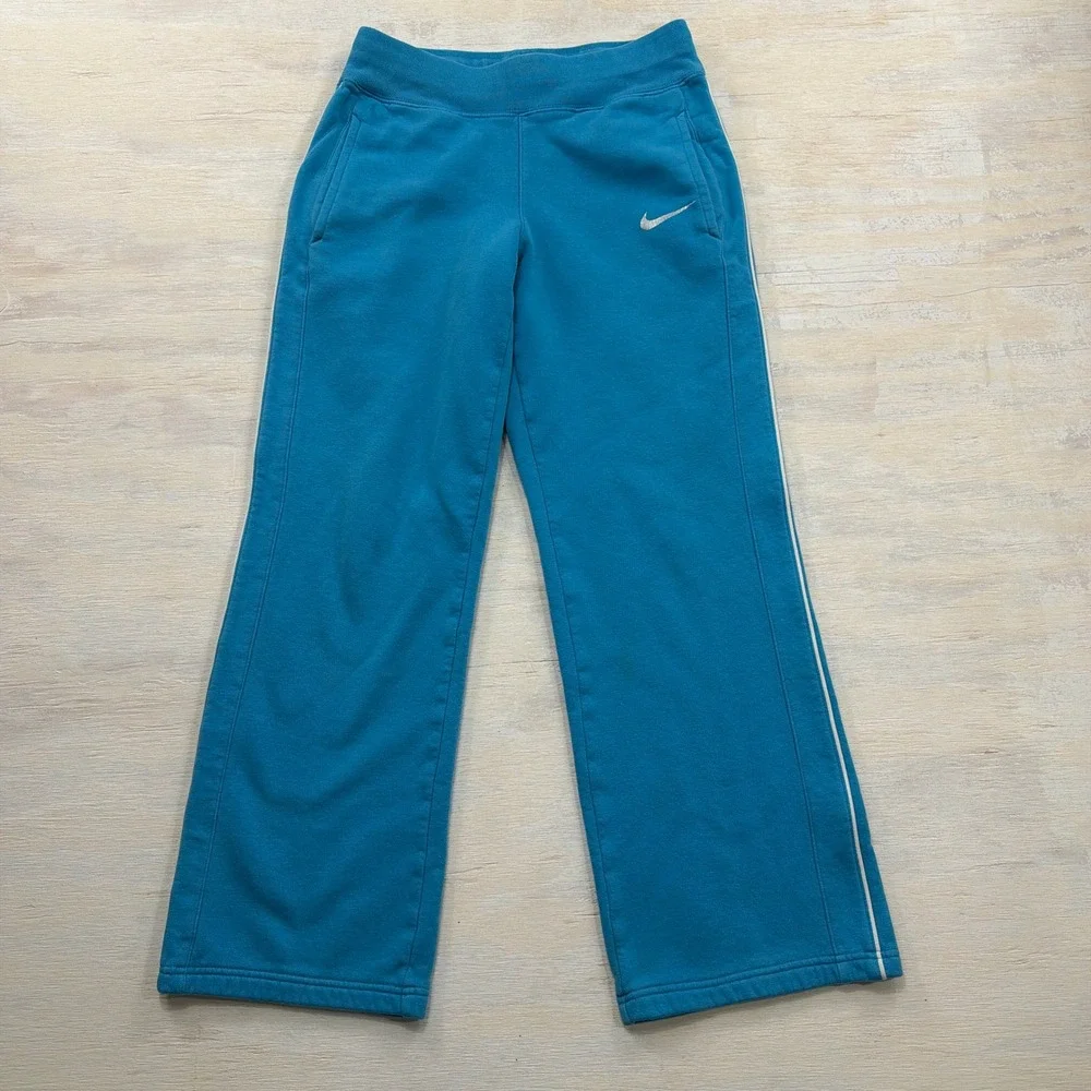 Nike Sweatpants Fleece Wide Leg Side Stripe Blue Youth Girls Size L 14/16
